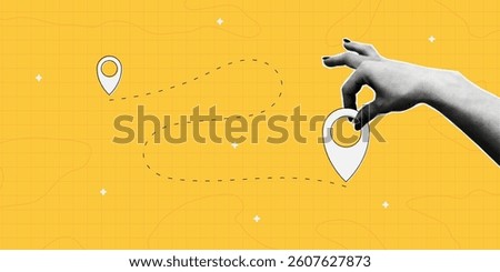 Collage banner with halftone hand holding map location pointer. Map pin or navigation pointer with dotted route or way in collage style with halftone effect. Vector illustration.