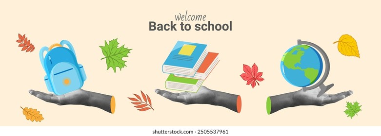 Collage Banner Halftone Hand holds Book, Backpack, Globe, leaves. Modern Poster Back to School with school supplies. Trendy Design Concept for website, social media, advertising, marketing, sales.