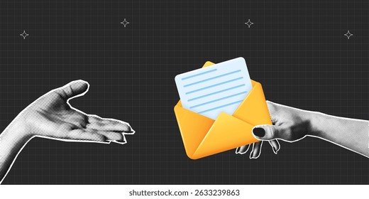 Faixa de colagem com meio-tom passa carta para o destinatário. Mão segurando envelope 3D e dá-lo. Conceito de nova mensagem, email, lista de endereçamento. Colagem de design de meio-tom. Ilustração vetorial.