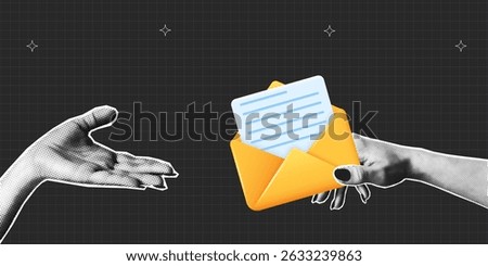 Collage banner with halftone hand passes letter to recipient. Hand holding 3d envelope and gives it away. Concept of new message, email, mailing list. Collage halftone design. Vector illustration.