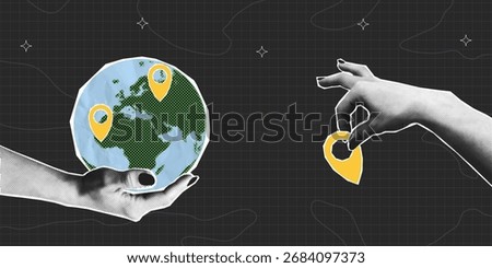 Collage banner with halftone hands holding Earth globe and map location pointer. Concept of travel, journey and mark locations for vacation. Collage style with halftone. Vector illustration.