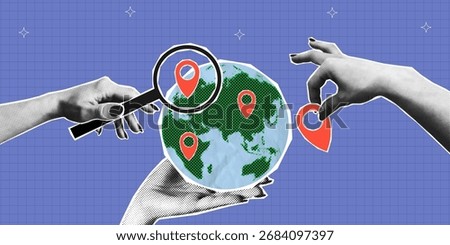 Collage banner with halftone hands holding Earth globe, magnifying glass and map location pointer. Concept of travel, journey and search locations for vacation. Collage style with halftone. Vector.