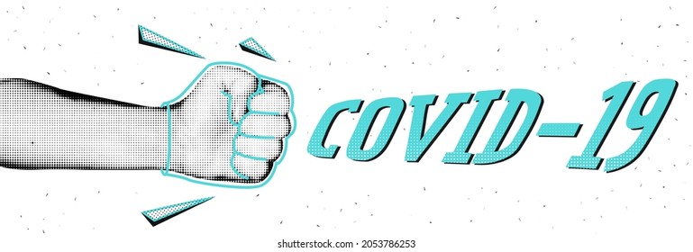 Collage banner. The hand hit to covid-19. Vector illustration.