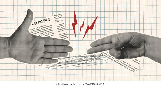 Banner de colagem com um tema de mãos. Manipulação de efeito de meio-tom com fundo de rabiscos com textura desenhada à mão. Ilustração vetorial.