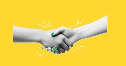A Collage Banner With A Handshake Theme. Women's Hands Make A Deal. Handling Halftone Effect With Doodles On Yellow Background With Hand Drawn Texture. Vector Trendy Illustration 