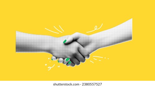 A collage banner with a handshake theme. Women's hands make a deal. Handling halftone effect with doodles on yellow background with hand drawn texture. Vector trendy illustration 