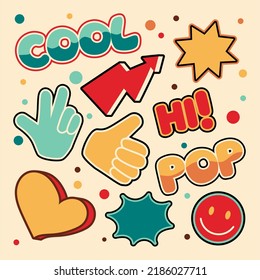 Collage banner retro pop of the 90s. Abstract background with inscriptions and stickers. Cool trendy vector design 