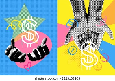 Collage banner set with halftone effect hands with money. Textured poster background with abstract shapes and stars. Psychedelic 90s vintage card or cover. New Wave vector illustration.