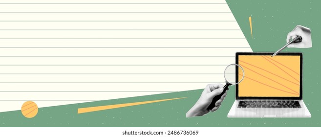 Collage banner with space for text and notes. Hands with pencil and magnifying glass. Paper cutout vector elements with scribble and grain texture. Green and yellow colors.