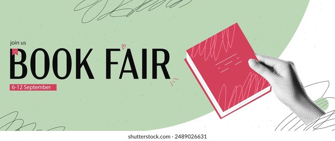 Collage banner theme of the book fair. Cutout hand with cartoon doodle book with scribble texture. Education concept. Vector design background with halftone elements