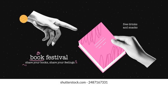 Collage banner theme of the book festival. Cutout hands with cartoon doodle book with scribble texture. Education concept. Vector design background with halftone elements