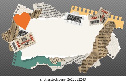 Collage banner of torn paper, notepad sheets, scraps of notebook page, torn crumpled old letter, newspaper and movie tickets. Vector design template in modern trendy aged retro style.