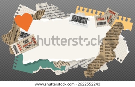 Collage banner of torn paper, notepad sheets, scraps of notebook page, torn crumpled old letter, newspaper and movie tickets. Vector design template in modern trendy aged retro style.