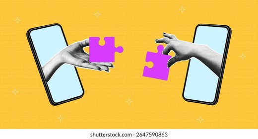 Collage banner with two smartphones and halftone hands that connect the pieces of jigsaw puzzle. Collage design of teamwork with puzzle pieces. Partnership concept. Vector illustration.