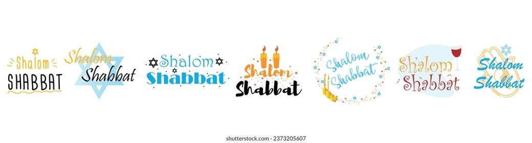 Collage of banners with text SHALOM SHABBAT on white background