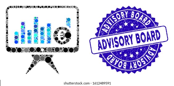 Collage Bar Chart Monitoring Icon And Distressed Stamp Seal With Advisory Board Phrase. Mosaic Vector Is Formed With Bar Chart Monitoring Pictogram And With Randomized Round Items.