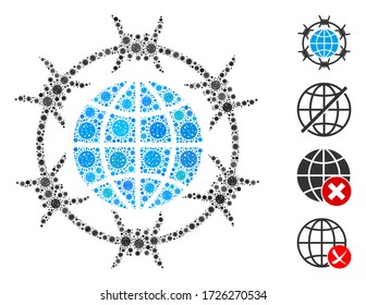 Collage barbed wire globe designed from flu virus icons in various sizes and color hues. Vector infection icons are arranged into abstract collage barbed wire globe icon. Some bonus icons are added.