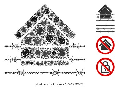 Collage barbed wire home constructed from covid-2019 virus icons in different sizes and color hues. Vector viral icons are arranged into abstract illustration barbed wire home icon.