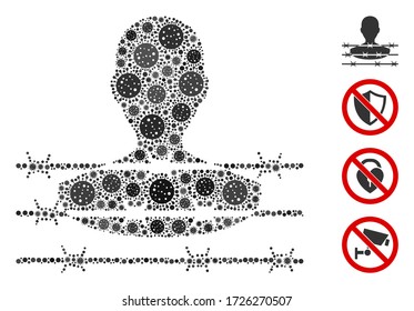 Reclutado de alambre de púas de color construido a partir de íconos del virus de la gripe en varios tamaños y tonos de color. Los iconos de infección por vectores se agrupan en un icono abstracto del prisionero de alambre de púas de collage.