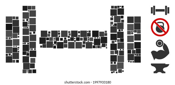 Collage Barbell icon united from square elements in variable sizes and color hues. Vector square items are united into abstract collage barbell icon. Bonus icons are added.