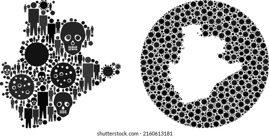 Collage Barcelona Province map designed from covid virus items and people and death elements. Flu virus Barcelona Province map collage designed with circle and subtracted shape.