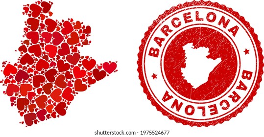 Collage Barcelona Province map formed with red love hearts, and grunge badge. Vector lovely round red rubber badge imitation with Barcelona Province map inside.