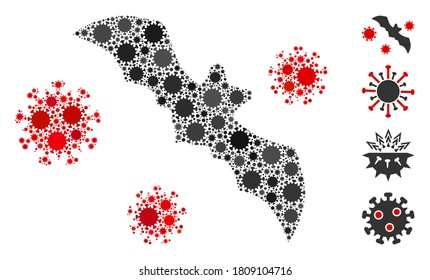 Collage bat virus designed from coronavirus icons in different sizes and color hues. Vector viral items are composed into abstract collage bat virus icon. Some bonus icons are added.