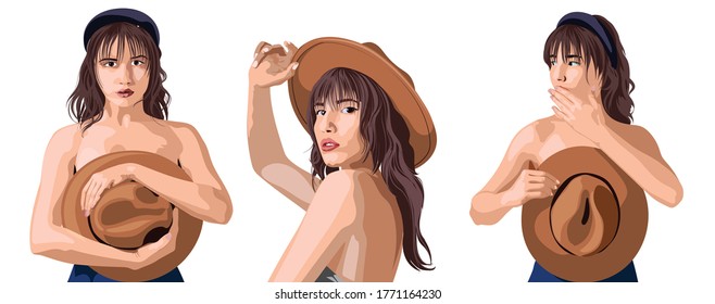 Collage of a beautiful caucasian girl posing in different positions. Covering breast with cowboy hat. Expressing tenderness. Isolated background. Vector