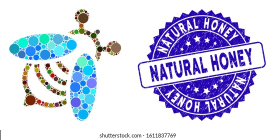 Collage bee icon and rubber stamp seal with Natural Honey caption. Mosaic vector is composed with bee icon and with random circle spots. Natural Honey stamp seal uses blue color, and rubber design.
