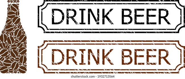 Botella de cerveza de grupo compuesta de grano de cacao y placas rectangulares de cerveza de bebida con muescas. Los elementos de café vectorial se componen en un icono abstracto de botella de cerveza de color marrón.