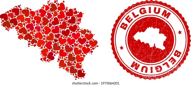 Collage Belgium map composed from red love hearts, and rubber seal stamp. Vector lovely round red rubber seal imprint with Belgium map inside.
