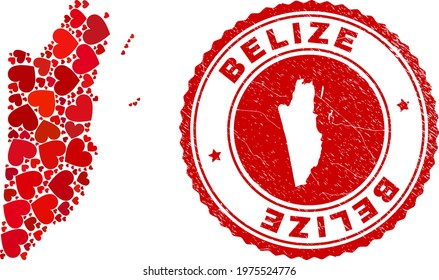 Collage Belize map composed with red love hearts, and corroded seal stamp. Vector lovely round red rubber badge imprint with Belize map inside.