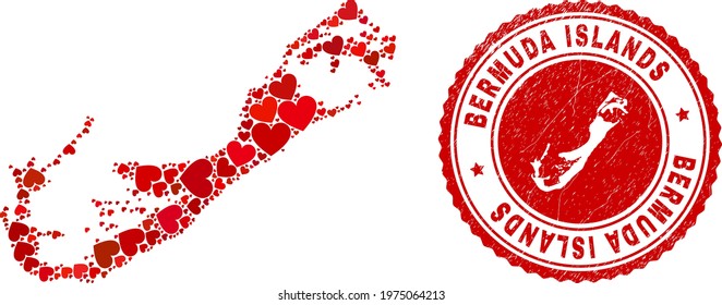 Collage Bermuda Islands map formed with red love hearts, and grunge seal stamp. Vector lovely round red rubber seal stamp imitation with Bermuda Islands map inside.