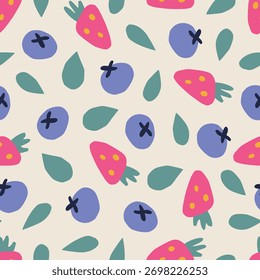 Collage berry padrão colorido. Recorte frutas bonitas na impressão de viveiro. Papel colorido corta morangos e mirtilos em fundo esbranquiçado. Perfeito para embrulhar papel e têxteis.