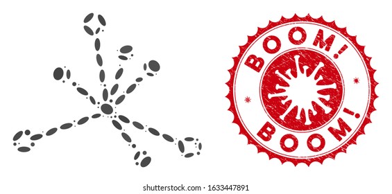 Collage big bang icon and red rounded corroded stamp seal with Boom! caption and coronavirus symbol. Mosaic vector is designed with big bang icon and with randomized ellipse items.