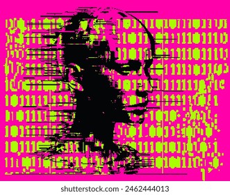 Collage of binary code and pixelated human face on a neon pink background. Conceptual vector illustration on the topic of virtual reality and technology.