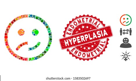 Collage bipolar emotion icon and rubber stamp seal with Endometrial Hyperplasia caption. Mosaic vector is created with bipolar emotion icon and with randomized round items.