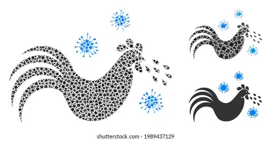 Icono de la gripe aviar de masas compuesto por piezas desiguales en tamaños, posiciones y proporciones aleatorias. Las piezas de humpy vectorial se componen en un ícono abstracto de gripe aviar de collage.