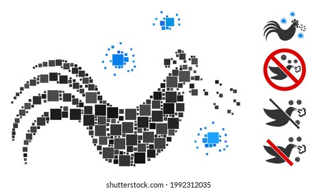 Collage Bird flu icon constructed from square items in random sizes and color hues. Vector square items are arranged into abstract collage bird flu icon. Bonus pictograms are placed.