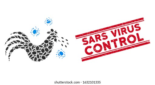 Collage bird flu icon and corroded stamp watermark with red Sars Virus Control text between double parallel lines. Mosaic vector is created with bird flu icon and with random elliptic elements.