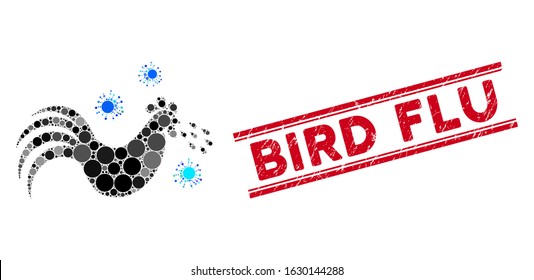 Collage bird flu icon and grunge stamp seal with Bird Flu caption between double parallel lines. Mosaic vector is created with bird flu pictogram and with randomized round spots.