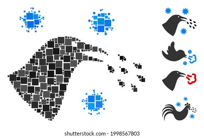Icono de infección por gripe aviar de grupo construido a partir de elementos cuadrados de diferentes tamaños y colores. Los elementos cuadrados vectoriales se unen en un ícono abstracto de infección por gripe aviar de colección.