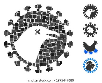 Collage Bird flu virus icon constructed from square items in different sizes and color hues. Vector square items are combined into abstract collage bird flu virus icon. Bonus pictograms are added.