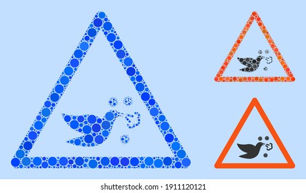 Collage Bird flu warning icon constructed from round elements in various sizes, positions and proportions. Vector blue round spots are composed into abstract mosaic bird flu warning icon.