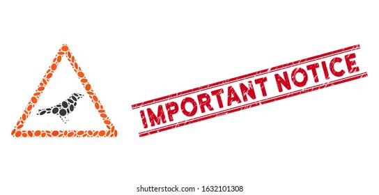 Collage bird warning icon and corroded stamp watermark with red Important Notice phrase between double parallel lines. Mosaic vector is formed with bird warning icon and with randomized ellipse spots.
