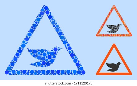 Collage Bird warning icon designed from spheric items in variable sizes, positions and proportions. Vector blue circle items are united into abstract collage bird warning icon. Light blue background.