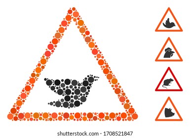 Collage Bird warning icon united from round items in different sizes, positions and proportions. Vector round items are united into abstract collage bird warning icon. Some bonus pictograms are added.