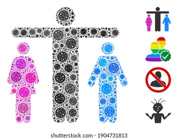 Collage bisexual person composed of flu virus items in different sizes and color hues. Vector viral icons are grouped into abstract mosaic bisexual person icon. Some bonus icons are added.