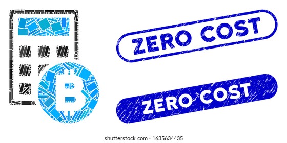 Collage Bitcoin calculator and corroded stamp watermarks with Zero Cost caption. Mosaic vector Bitcoin calculator is designed with random rectangle items. Zero Cost stamp seals use blue color,