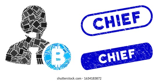 Collage Bitcoin call operator and grunge stamp seals with Chief text. Mosaic vector Bitcoin call operator is composed with scattered rectangle items. Chief stamp seals use blue color,